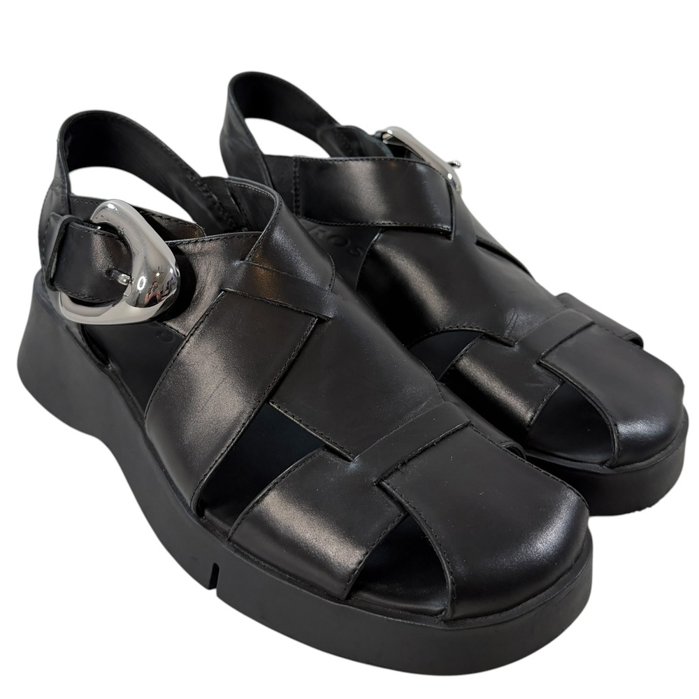 Aerosoles Fabian Black Leather Fisherman Platform Sandals Womens 8M 1223YT